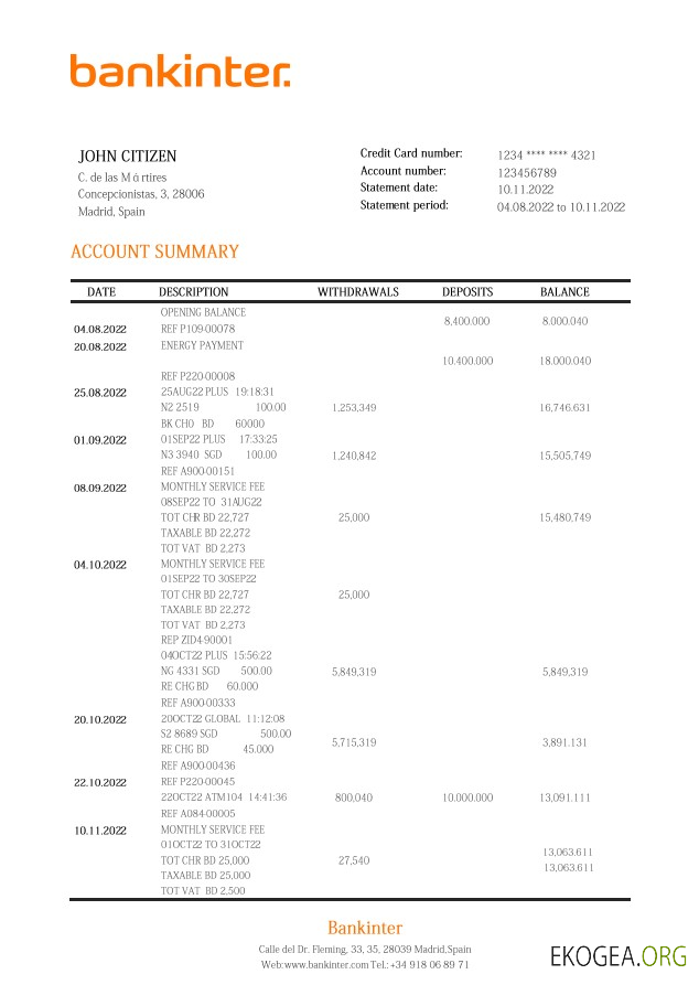 Relevé bancaire Espagne Bankinter